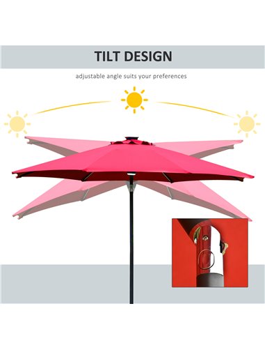 Outsunny 2.7m Garden Parasol Sun Umbrella Patio Summer Shelter w/ LED Solar Light, Angled Canopy, Vent, Crank Tilt, Red 84D-105W