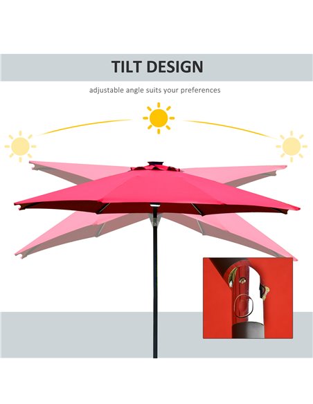 Outsunny 2.7m Garden Parasol Sun Umbrella Patio Summer Shelter w/ LED Solar Light, Angled Canopy, Vent, Crank Tilt, Red 84D-105W - pic 49583 | FastDaddyshop