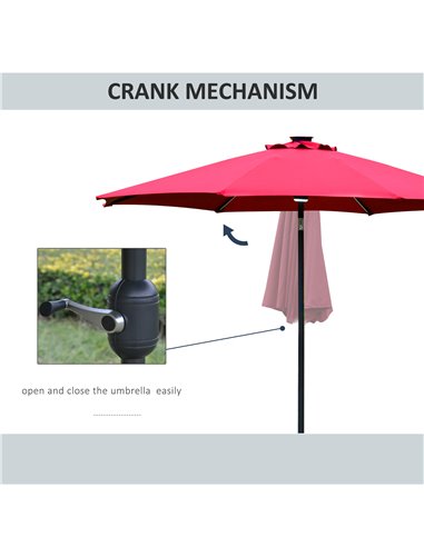 Outsunny 2.7m Garden Parasol Sun Umbrella Patio Summer Shelter w/ LED Solar Light, Angled Canopy, Vent, Crank Tilt, Red 84D-105W
