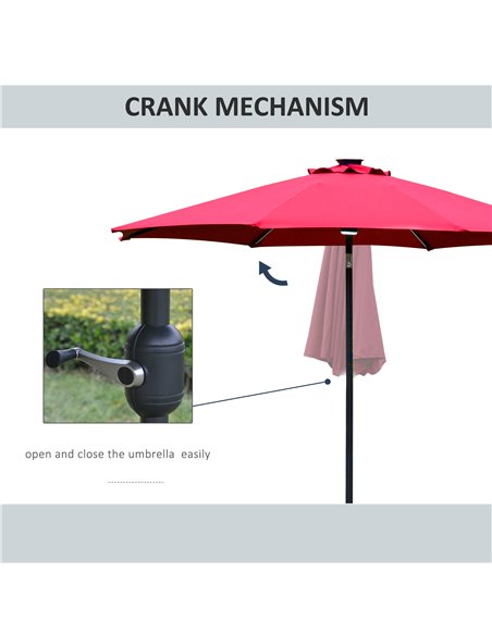 Outsunny 2.7m Garden Parasol Sun Umbrella Patio Summer Shelter w/ LED Solar Light, Angled Canopy, Vent, Crank Tilt, Red 84D-105W - pic 49584 | FastDaddyshop