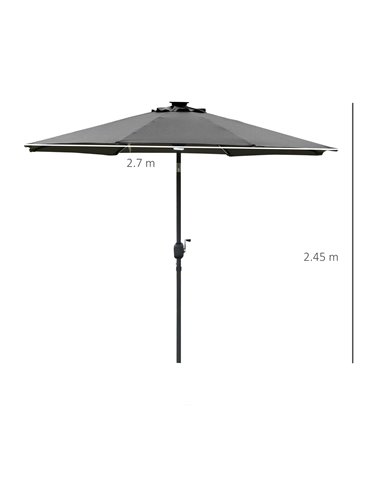 Outsunny 2.7m Garden Parasol Sun Umbrella Patio Summer Shelter w/ LED Solar Light, Angled Canopy Vent, Crank Tilt, Grey 84D-105C