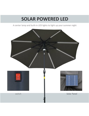 Outsunny 2.7m Garden Parasol Sun Umbrella Patio Summer Shelter w/ LED Solar Light, Angled Canopy Vent, Crank Tilt, Grey 84D-105C
