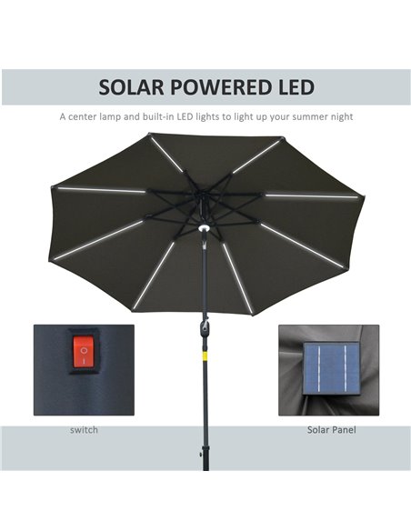 Outsunny 2.7m Garden Parasol Sun Umbrella Patio Summer Shelter w/ LED Solar Light, Angled Canopy Vent, Crank Tilt, Grey 84D-105C - pic 49591 | FastDaddyshop