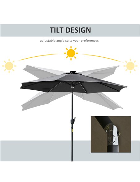 Outsunny 2.7m Garden Parasol Sun Umbrella Patio Summer Shelter w/ LED Solar Light, Angled Canopy Vent, Crank Tilt, Grey 84D-105C - pic 49592 | FastDaddyshop