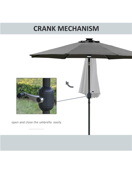 Outsunny 2.7m Garden Parasol Sun Umbrella Patio Summer Shelter w/ LED Solar Light, Angled Canopy Vent, Crank Tilt, Grey 84D-105C - pic 49593 | FastDaddyshop