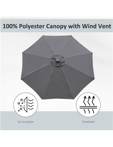Outsunny 2.7m Garden Parasol Sun Umbrella Patio Summer Shelter w/ LED Solar Light, Angled Canopy Vent, Crank Tilt, Grey 84D-105C