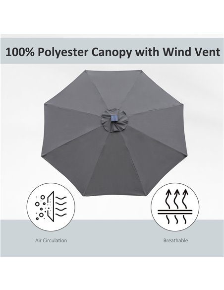 Outsunny 2.7m Garden Parasol Sun Umbrella Patio Summer Shelter w/ LED Solar Light, Angled Canopy Vent, Crank Tilt, Grey 84D-105C - pic 49594 | FastDaddyshop