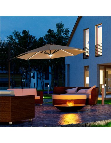 Outsunny 3(m) Cantilever Roma Parasol Garden Sun Umbrella with LED Solar Light Cross Base 360° Rotating, Brown 84D-104CF