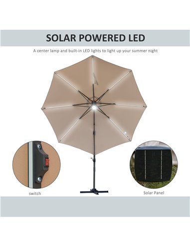 Outsunny 3(m) Cantilever Roma Parasol Garden Sun Umbrella with LED Solar Light Cross Base 360° Rotating, Brown 84D-104CF