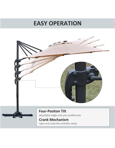Outsunny 3(m) Cantilever Roma Parasol Garden Sun Umbrella with LED Solar Light Cross Base 360° Rotating, Brown 84D-104CF