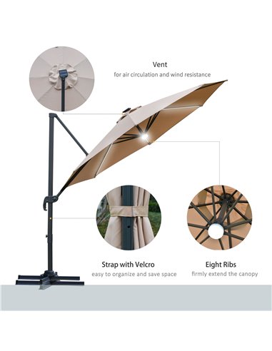Outsunny 3(m) Cantilever Roma Parasol Garden Sun Umbrella with LED Solar Light Cross Base 360° Rotating, Brown 84D-104CF