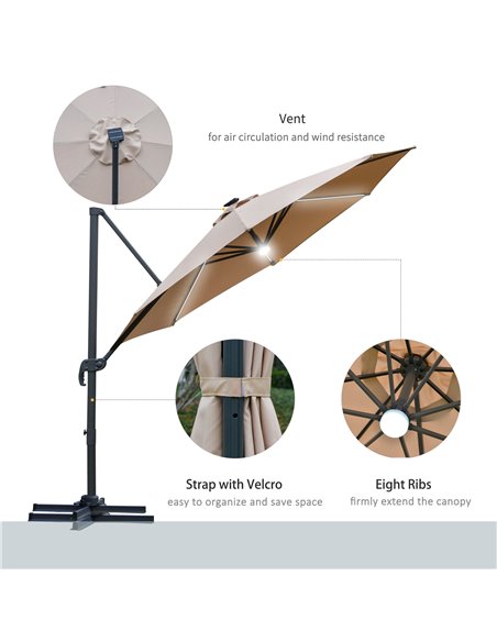 Outsunny 3(m) Cantilever Roma Parasol Garden Sun Umbrella with LED Solar Light Cross Base 360° Rotating, Brown 84D-104CF - pic 49603 | FastDaddyshop