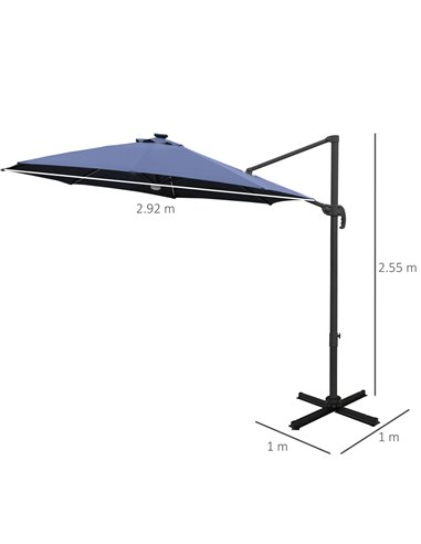 Outsunny 3(m) Cantilever Roma Parasol Garden Sun Umbrella Outdoor Patio with LED Solar Light Cross Base 360° Rotating, Blue 84D-