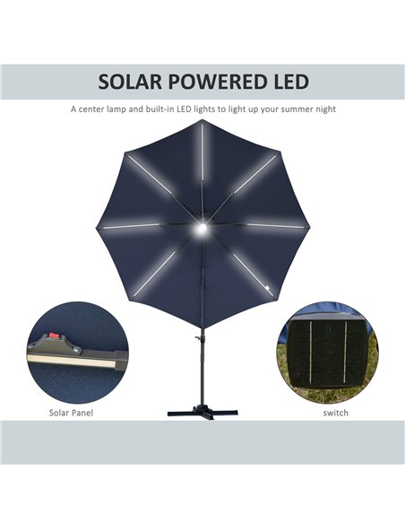 Outsunny 3(m) Cantilever Roma Parasol Garden Sun Umbrella Outdoor Patio with LED Solar Light Cross Base 360° Rotating, Blue 84D- - pic 49609 | FastDaddyshop
