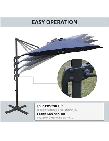 Outsunny 3(m) Cantilever Roma Parasol Garden Sun Umbrella Outdoor Patio with LED Solar Light Cross Base 360° Rotating, Blue 84D-