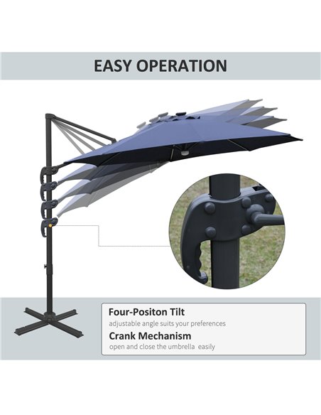 Outsunny 3(m) Cantilever Roma Parasol Garden Sun Umbrella Outdoor Patio with LED Solar Light Cross Base 360° Rotating, Blue 84D- - pic 49610 | FastDaddyshop