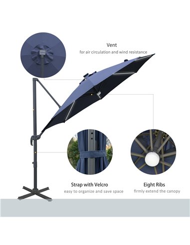 Outsunny 3(m) Cantilever Roma Parasol Garden Sun Umbrella Outdoor Patio with LED Solar Light Cross Base 360° Rotating, Blue 84D-