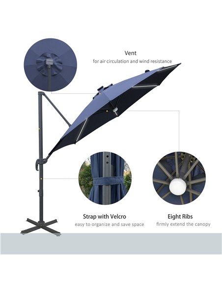 Outsunny 3(m) Cantilever Roma Parasol Garden Sun Umbrella Outdoor Patio with LED Solar Light Cross Base 360° Rotating, Blue 84D- - pic 49612 | FastDaddyshop