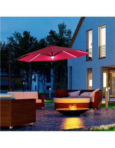 Outsunny 3(m) Cantilever Roma Parasol Adjustable Garden Sun Umbrella with LED Solar Light Cross Base 360° Rotating, Red 84D-104W