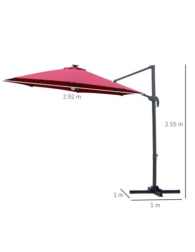 Outsunny 3(m) Cantilever Roma Parasol Adjustable Garden Sun Umbrella with LED Solar Light Cross Base 360° Rotating, Red 84D-104W