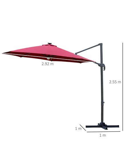 Outsunny 3(m) Cantilever Roma Parasol Adjustable Garden Sun Umbrella with LED Solar Light Cross Base 360° Rotating, Red 84D-104W - pic 49617 | FastDaddyshop