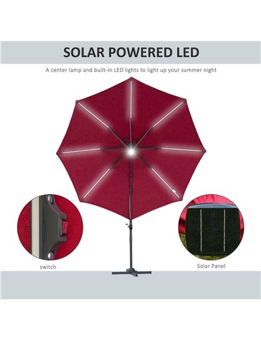 Outsunny 3(m) Cantilever Roma Parasol Adjustable Garden Sun Umbrella with LED Solar Light Cross Base 360° Rotating, Red 84D-104W