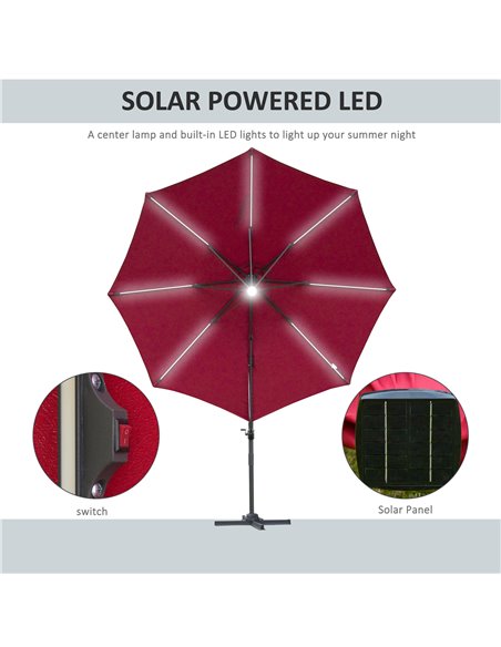 Outsunny 3(m) Cantilever Roma Parasol Adjustable Garden Sun Umbrella with LED Solar Light Cross Base 360° Rotating, Red 84D-104W - pic 49618 | FastDaddyshop