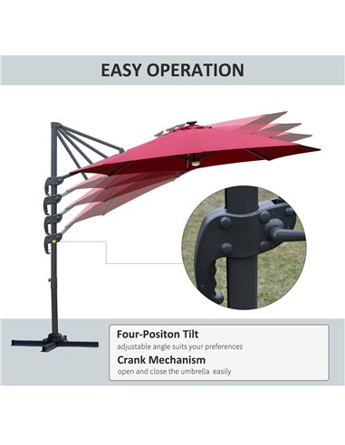 Outsunny 3(m) Cantilever Roma Parasol Adjustable Garden Sun Umbrella with LED Solar Light Cross Base 360° Rotating, Red 84D-104W