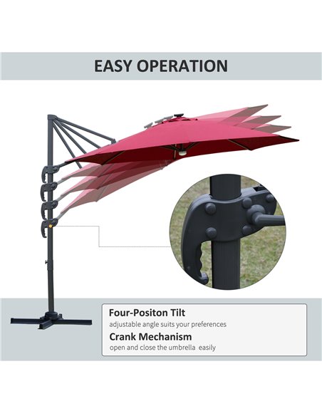 Outsunny 3(m) Cantilever Roma Parasol Adjustable Garden Sun Umbrella with LED Solar Light Cross Base 360° Rotating, Red 84D-104W - pic 49619 | FastDaddyshop
