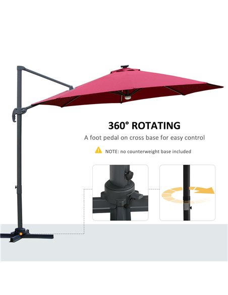 Outsunny 3(m) Cantilever Roma Parasol Adjustable Garden Sun Umbrella with LED Solar Light Cross Base 360° Rotating, Red 84D-104W - pic 49620 | FastDaddyshop