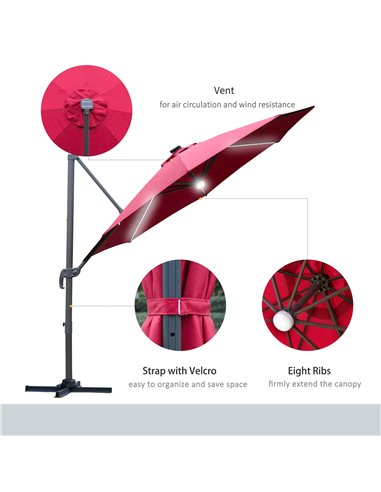 Outsunny 3(m) Cantilever Roma Parasol Adjustable Garden Sun Umbrella with LED Solar Light Cross Base 360° Rotating, Red 84D-104W