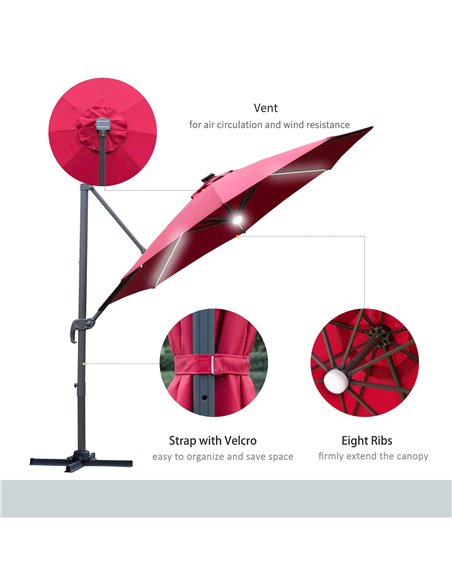 Outsunny 3(m) Cantilever Roma Parasol Adjustable Garden Sun Umbrella with LED Solar Light Cross Base 360° Rotating, Red 84D-104W - pic 49621 | FastDaddyshop
