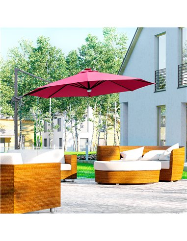 Outsunny 3(m) Cantilever Roma Parasol Adjustable Garden Sun Umbrella with LED Solar Light Cross Base 360° Rotating, Red 84D-104W
