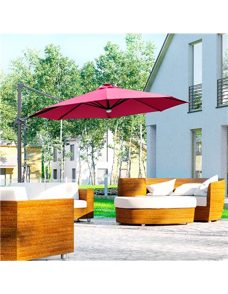 Outsunny 3(m) Cantilever Roma Parasol Adjustable Garden Sun Umbrella with LED Solar Light Cross Base 360° Rotating, Red 84D-104W - pic 49622 | FastDaddyshop