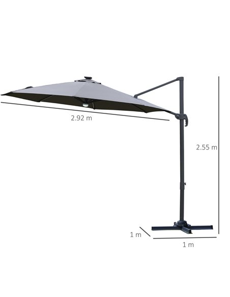 Outsunny 3(m) Cantilever Roma Parasol Garden Sun Umbrella Outdoor Patio with LED Solar Light Cross Base 360° Rotating, Grey 84D- - pic 49626 | FastDaddyshop