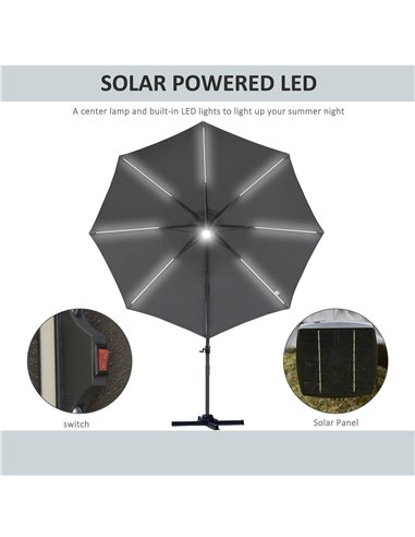 Outsunny 3(m) Cantilever Roma Parasol Garden Sun Umbrella Outdoor Patio with LED Solar Light Cross Base 360° Rotating, Grey 84D-