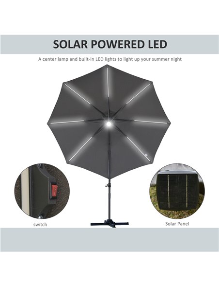 Outsunny 3(m) Cantilever Roma Parasol Garden Sun Umbrella Outdoor Patio with LED Solar Light Cross Base 360° Rotating, Grey 84D- - pic 49627 | FastDaddyshop