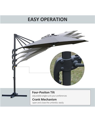Outsunny 3(m) Cantilever Roma Parasol Garden Sun Umbrella Outdoor Patio with LED Solar Light Cross Base 360° Rotating, Grey 84D-