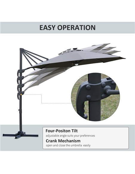 Outsunny 3(m) Cantilever Roma Parasol Garden Sun Umbrella Outdoor Patio with LED Solar Light Cross Base 360° Rotating, Grey 84D- - pic 49628 | FastDaddyshop