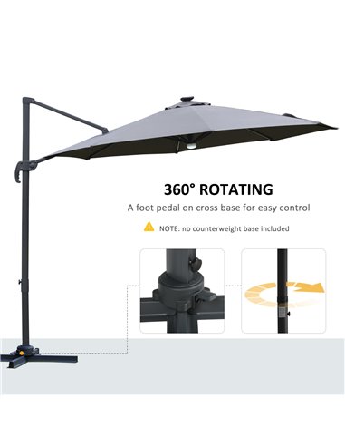 Outsunny 3(m) Cantilever Roma Parasol Garden Sun Umbrella Outdoor Patio with LED Solar Light Cross Base 360° Rotating, Grey 84D-