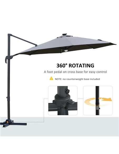 Outsunny 3(m) Cantilever Roma Parasol Garden Sun Umbrella Outdoor Patio with LED Solar Light Cross Base 360° Rotating, Grey 84D- - pic 49629 | FastDaddyshop
