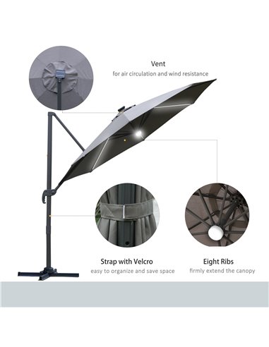 Outsunny 3(m) Cantilever Roma Parasol Garden Sun Umbrella Outdoor Patio with LED Solar Light Cross Base 360° Rotating, Grey 84D-