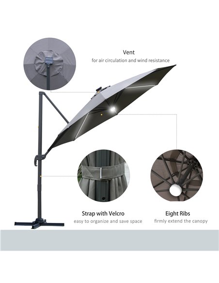 Outsunny 3(m) Cantilever Roma Parasol Garden Sun Umbrella Outdoor Patio with LED Solar Light Cross Base 360° Rotating, Grey 84D- - pic 49631 | FastDaddyshop