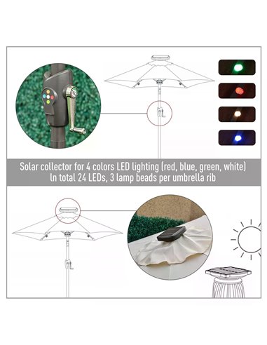 Outsunny Garden 24 LED Light Parasol Outdoor Tilt Sun Umbrella Patio Club Party Event Manual Sun Shade w/ Hand Crank Off-white 8