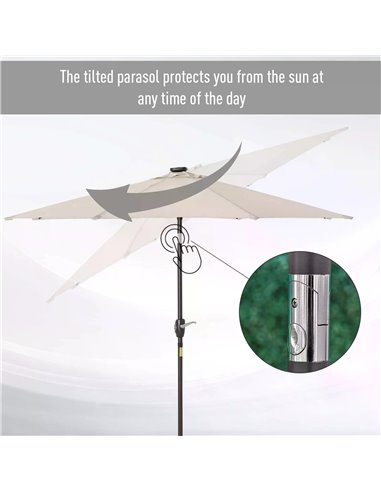 Outsunny Garden 24 LED Light Parasol Outdoor Tilt Sun Umbrella Patio Club Party Event Manual Sun Shade w/ Hand Crank Off-white 8