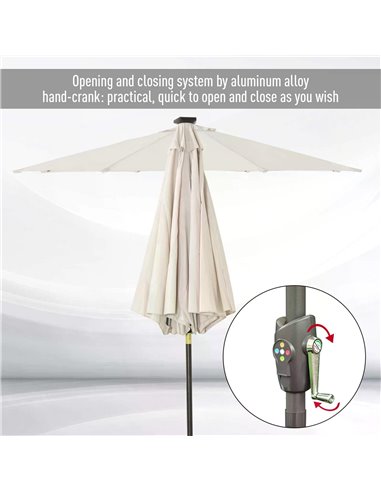 Outsunny Garden 24 LED Light Parasol Outdoor Tilt Sun Umbrella Patio Club Party Event Manual Sun Shade w/ Hand Crank Off-white 8