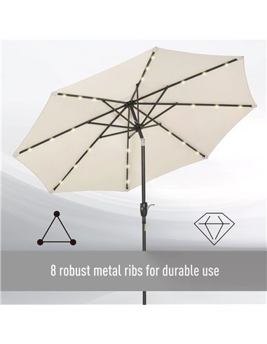 Outsunny Garden 24 LED Light Parasol Outdoor Tilt Sun Umbrella Patio Club Party Event Manual Sun Shade w/ Hand Crank Off-white 8