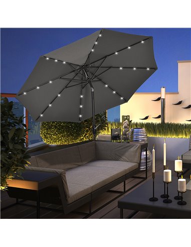 Outsunny Garden 24 LED Light Parasol Outdoor Tilt Sun Umbrella Patio Club Party Event Manual Sun Shade w/ Hand Crank Grey 840-12