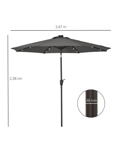 Outsunny Garden 24 LED Light Parasol Outdoor Tilt Sun Umbrella Patio Club Party Event Manual Sun Shade w/ Hand Crank Grey 840-12