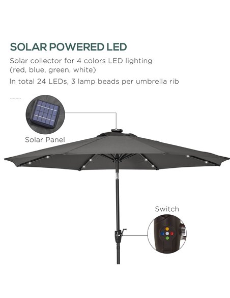 Outsunny Garden 24 LED Light Parasol Outdoor Tilt Sun Umbrella Patio Club Party Event Manual Sun Shade w/ Hand Crank Grey 840-12 - pic 49646 | FastDaddyshop